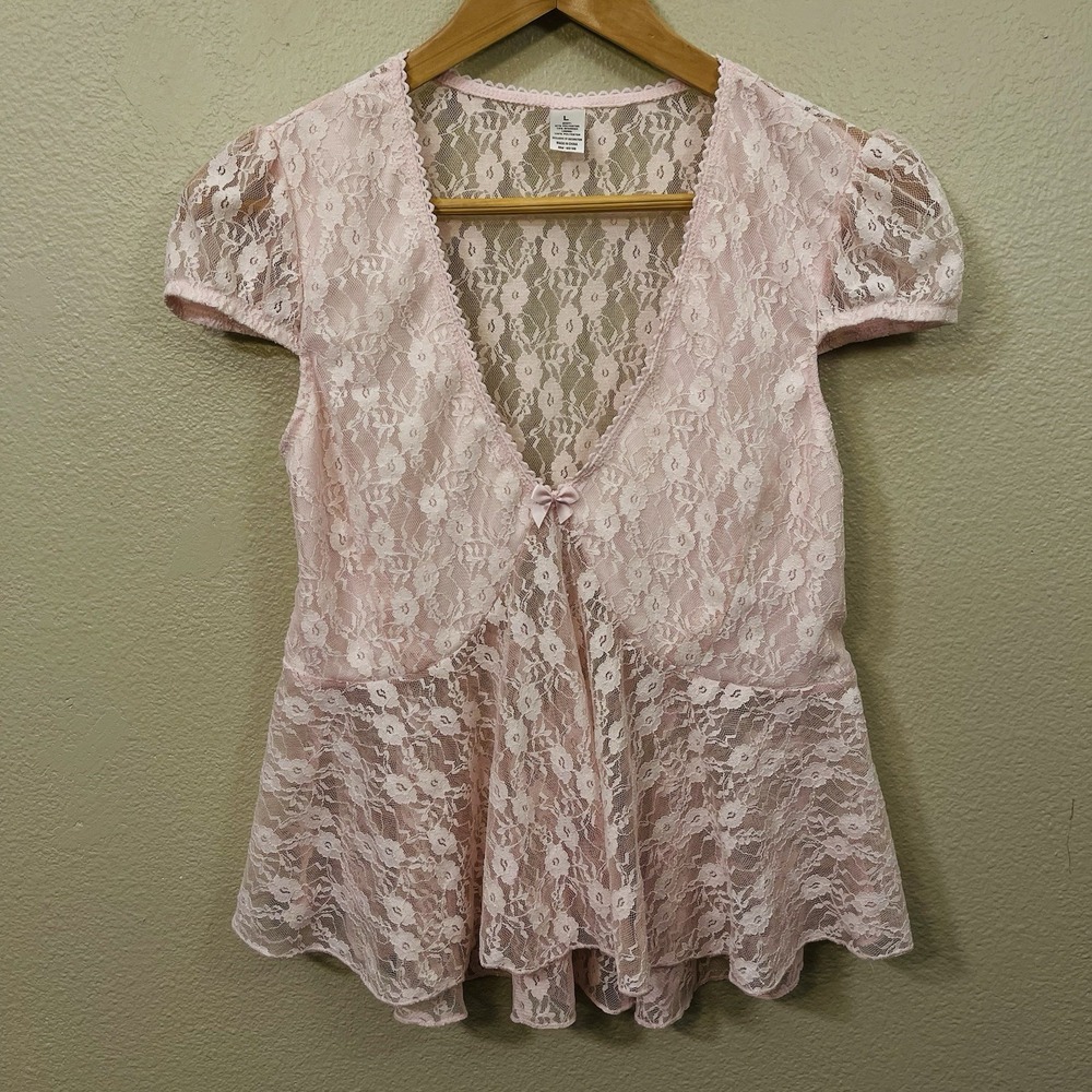 Pink Lace Dainty Babydoll Top Sheer Cap Sleeves Coquette Fairy Flowy Cute Size L